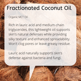 Fractionated coconut oil label with text about its properties, surrounded by coconuts.