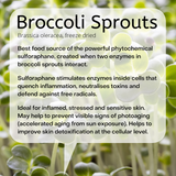 Brassica oleracea, freeze dried Best food source of the powerful phytochemical sulforaphane, created when two enzymes in broccoli sprouts interact. Sulforaphane stimulates enzymes inside cells that quench inflammation, neutralises toxins and defend against free radicals. Ideal for inflamed, stressed and sensitive skin. May help to prevent visible signs of photoaging (accelerated aging from sun exposure). Helps to improve skin detoxification at the cellular level.