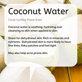 Cocos nucifera, freeze dried Coconut water is soothing, hydrating and cleansing to skin when applied to skin. Great for dehydrated skin. Rich in minerals and nutrients. Dehydrated skin is more likely to have fine lines, flaky patches and feel tight. May also help acne prone skin.