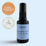 Nubeean Gold Copper Peptide 3% Facial Serum in a black spray bottle with a light blue label, shown on a light blue background with two award badges on the left.