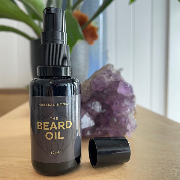 Glass bottle of The Beard Oil by Nubeean Noosa, Australian-made natural beard care product
