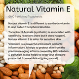 Text about natural vitamin E with a background of nuts, seeds, and vegetables.