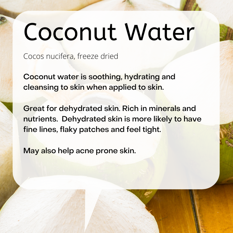 Cocos nucifera, freeze dried  Coconut water is soothing, hydrating and cleansing to skin when applied to skin.   Great for dehydrated skin. Rich in minerals and nutrients.  Dehydrated skin is more likely to have fine lines, flaky patches and feel tight.   May also help acne prone skin.