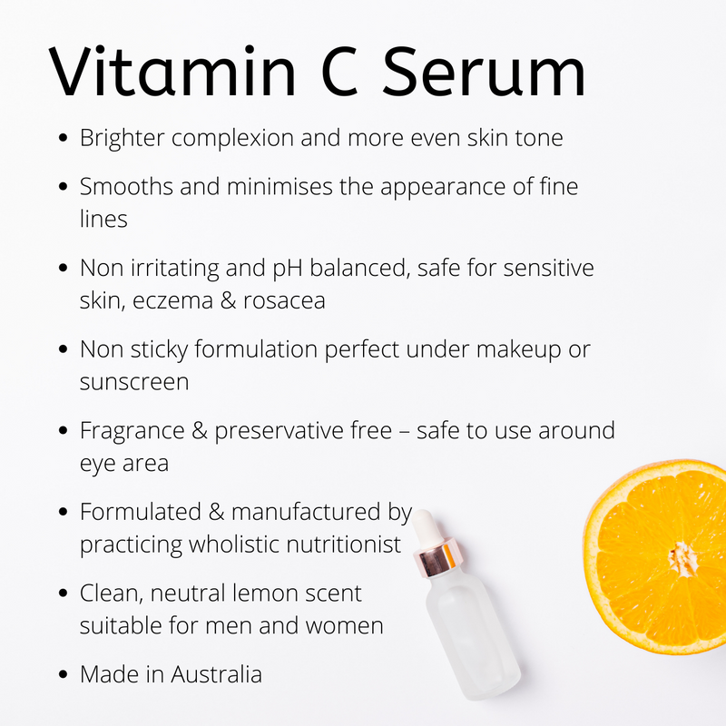 Brighter complexion and more even skin tone. Smooths and minimises the appearance of fine lines. Non irritating and pH balanced, safe for sensitive skin, eczema & rosacea. Non sticky formulation perfect under makeup or sunscreen. Fragrance & preservative free – safe to use around eye area. Formulated & manufactured by practicing wholistic nutritionist. Clean, neutral lemon scent  suitable for men and women. Made in Australia     