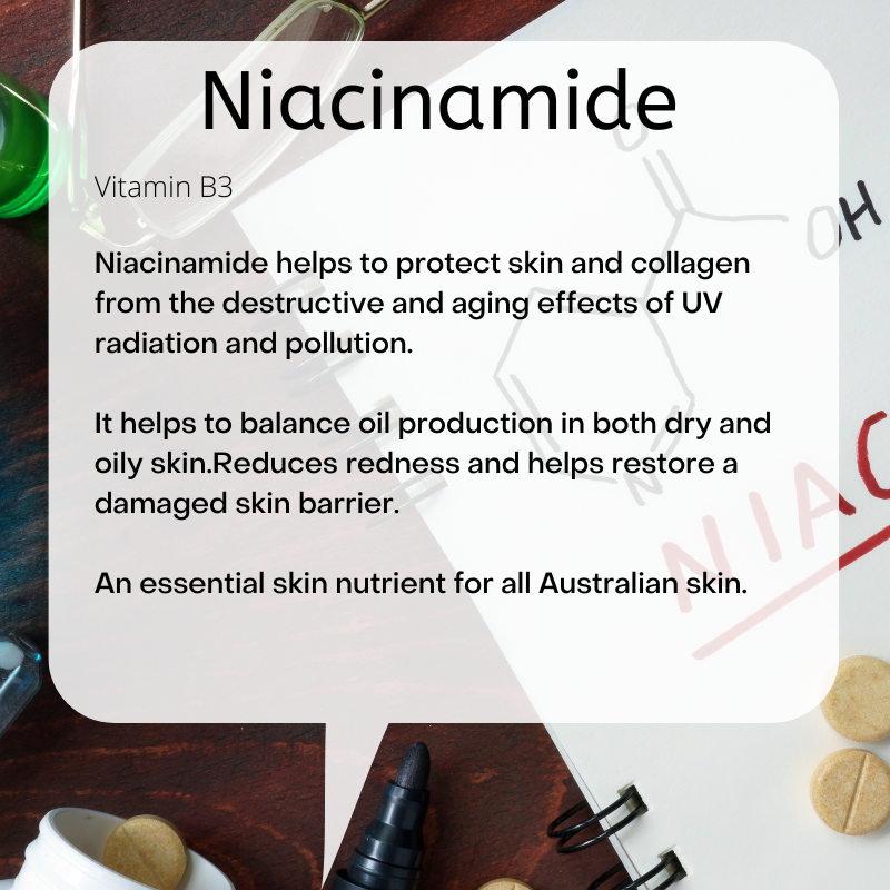 Niacinamide is also known as vitamin B3. It helps to protect skin and collagen from the destructive and aging effects of UV radiation and pollution.