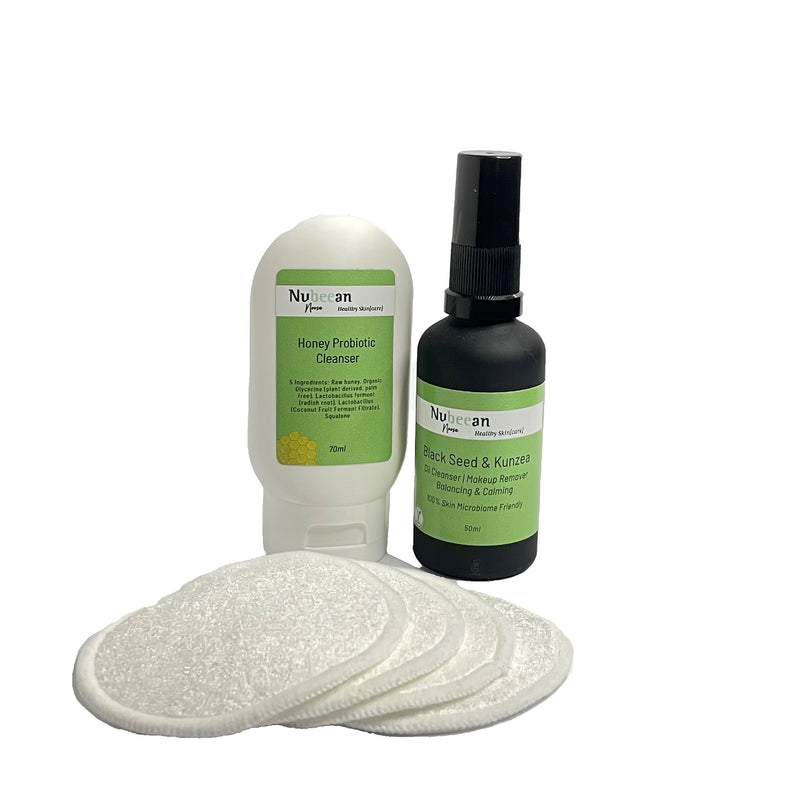 Honey Probiotic Cleanser + Black Seed & Kunzea Oil Cleanser + Eco Cleansing Pads. The perfect  skin care routine for oily skin teenagers.