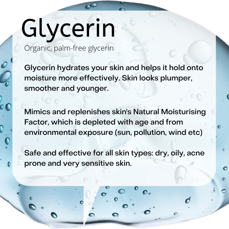 Organic, palm-free glycerin  Glycerin hydrates your skin and helps it hold onto moisture more effectively. Skin looks plumper, smoother and younger.  Mimics and replenishes skin's Natural Moisturising Factor, which is depleted with age and from environmental exposure (sun, pollution, wind etc)  Safe and effective for all skin types: dry, oily, acne prone and very sensitive skin.